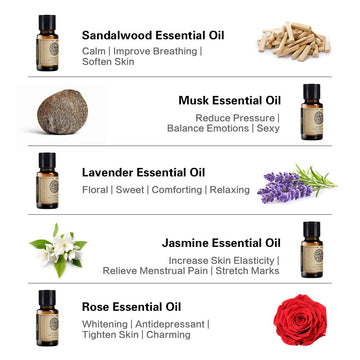 AKARZ Hots 10 Sets Sandalwood,Musk,Lavender,Jasmine,Rose,Patchouli,Ylang Ylang,Vanilla,Eucalyptus,Myrrh Essential Oil Diffuser